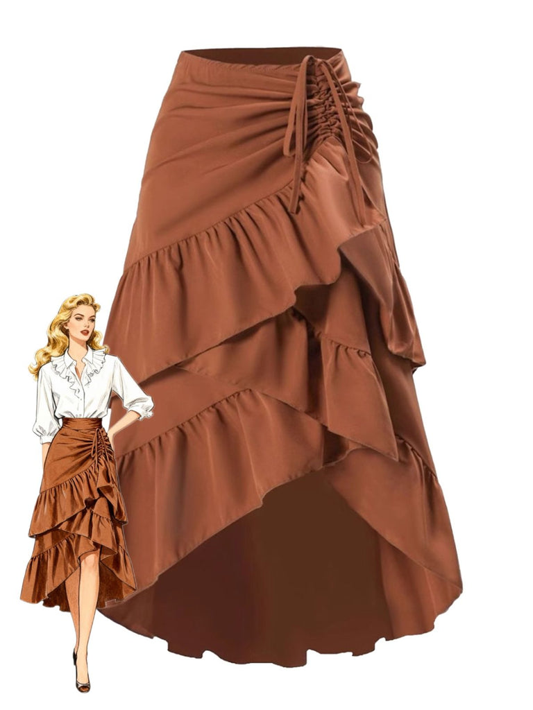 1940s High-Waist Paneled Ruffle Hem Skirt