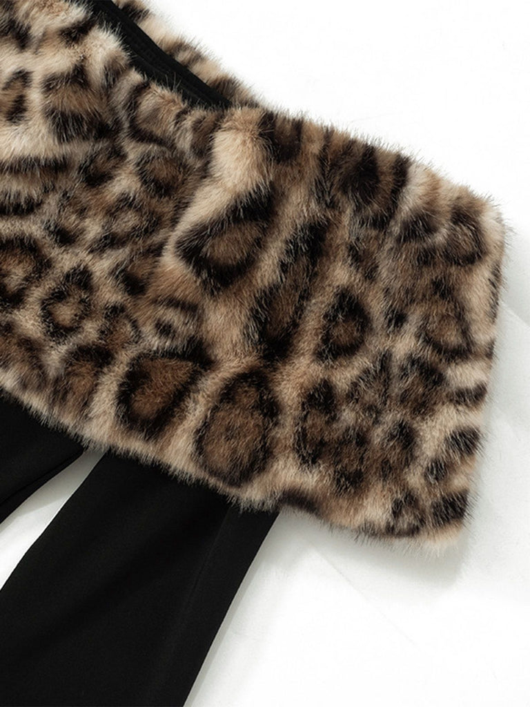 Black 1930s Leopard Fur Patchwork One-shoulder Dress