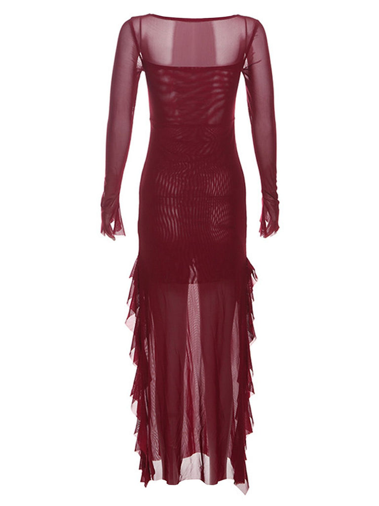 Wine Red 1970s Sheer Mesh Ruffle Maxi Dress