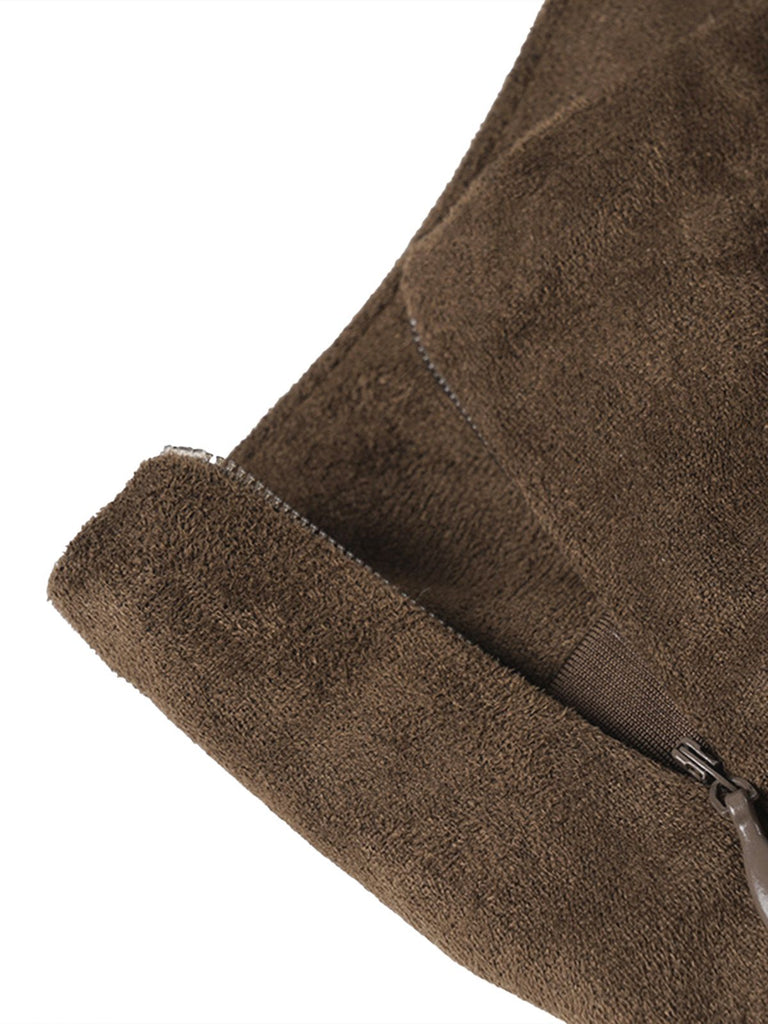 2PCS Brown 1980s Deer Faux Fur-Trimmed Crop Top & Skirt