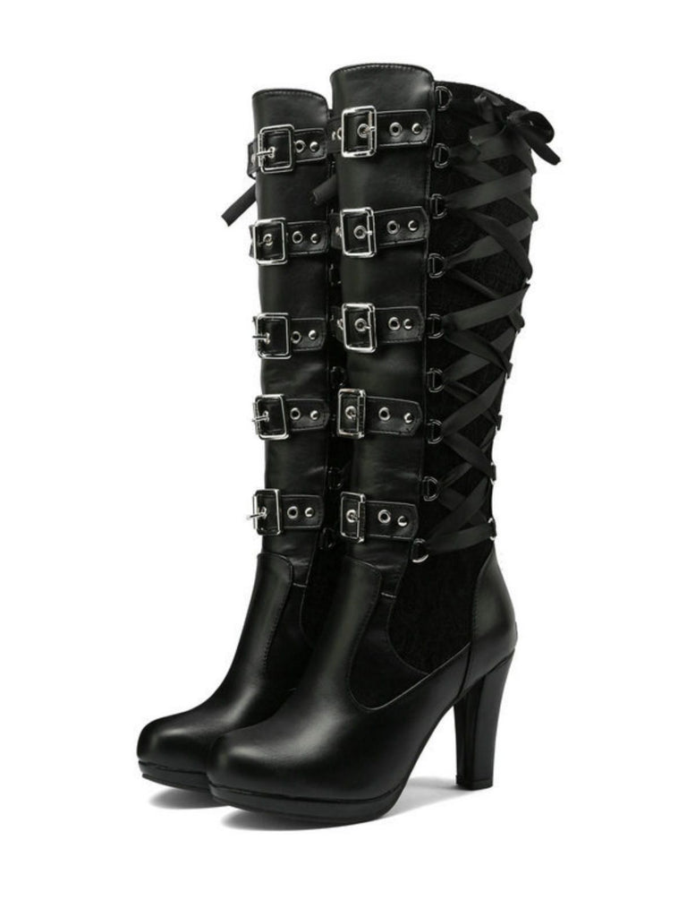Vintage Punk Lace-Up Lace High Heel Boots