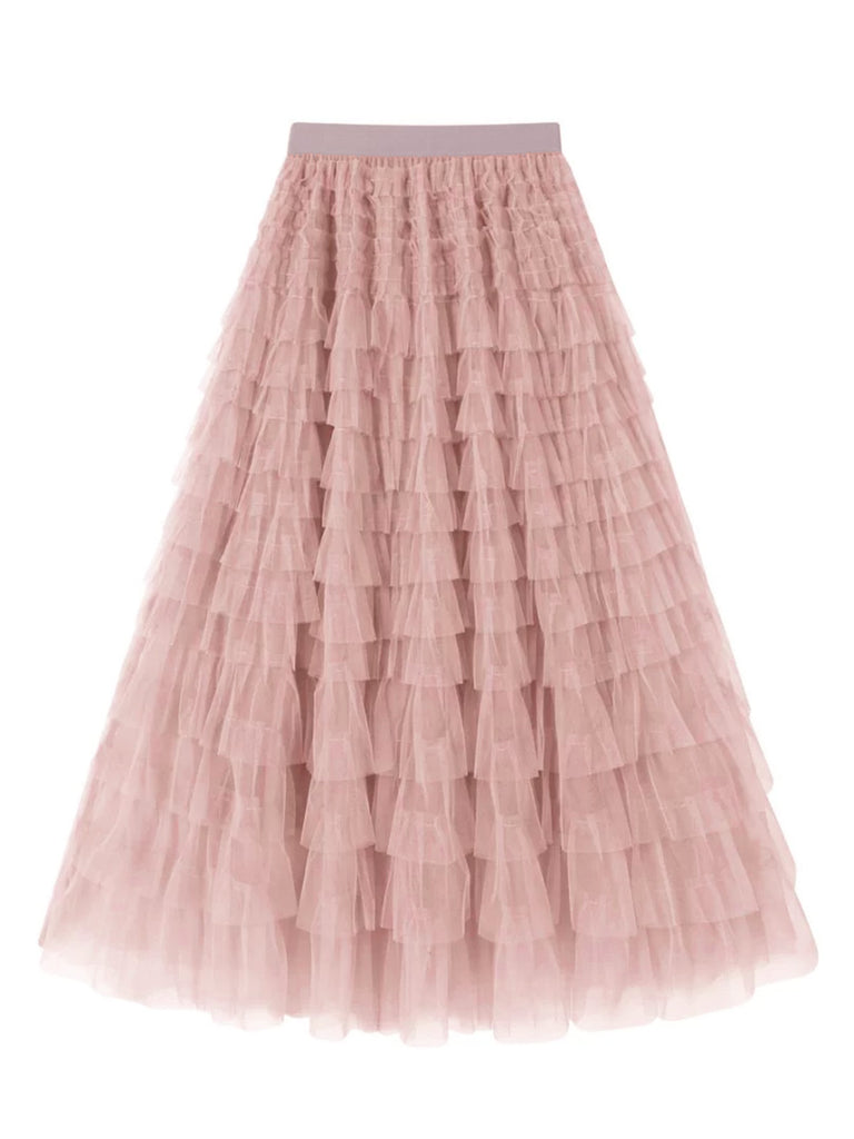 1940s Tiered Mesh Ruffle A-Line Solid Skirt