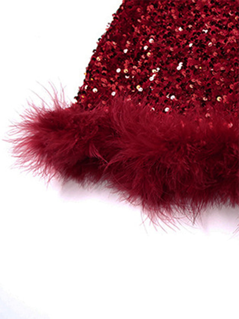 Wine Red 1980s Strapless Sequin Feather Trim Mini Dress