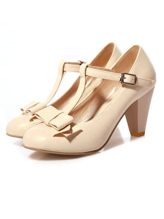 Solid Leather Bowknot T-Strap Chunky Heels