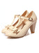 Solid Leather Bowknot T-Strap Chunky Heels