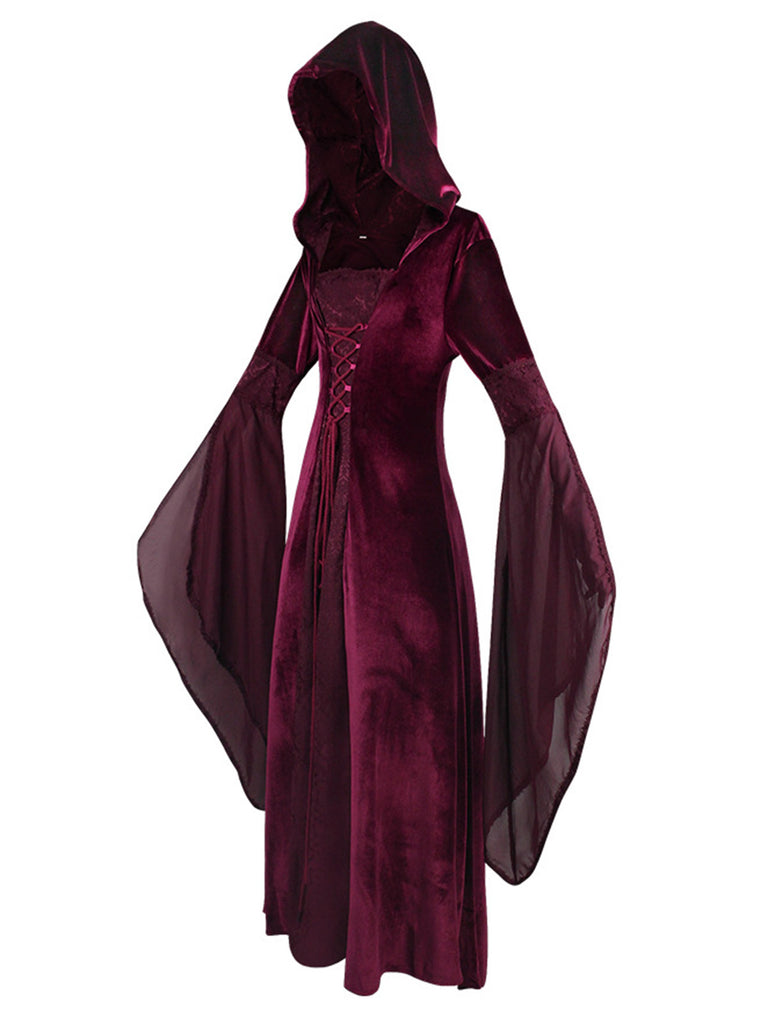 1980s Velvet Medieval Lace-Up Hooded Dress