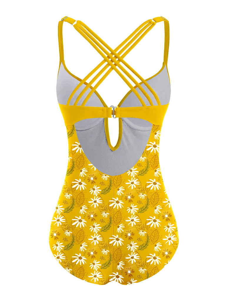 [US Warehouse] Yellow 1950s Daisy Patchwork Swimsuit