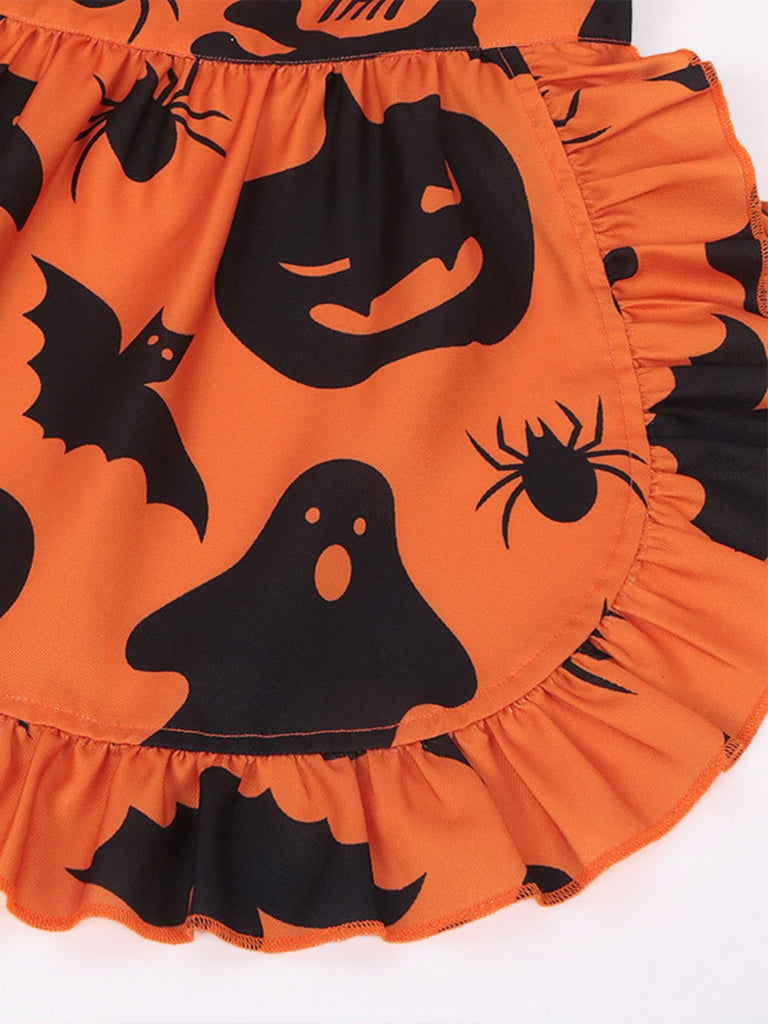 1950s Halloween Pumpkin Ghost Ruffled Dress