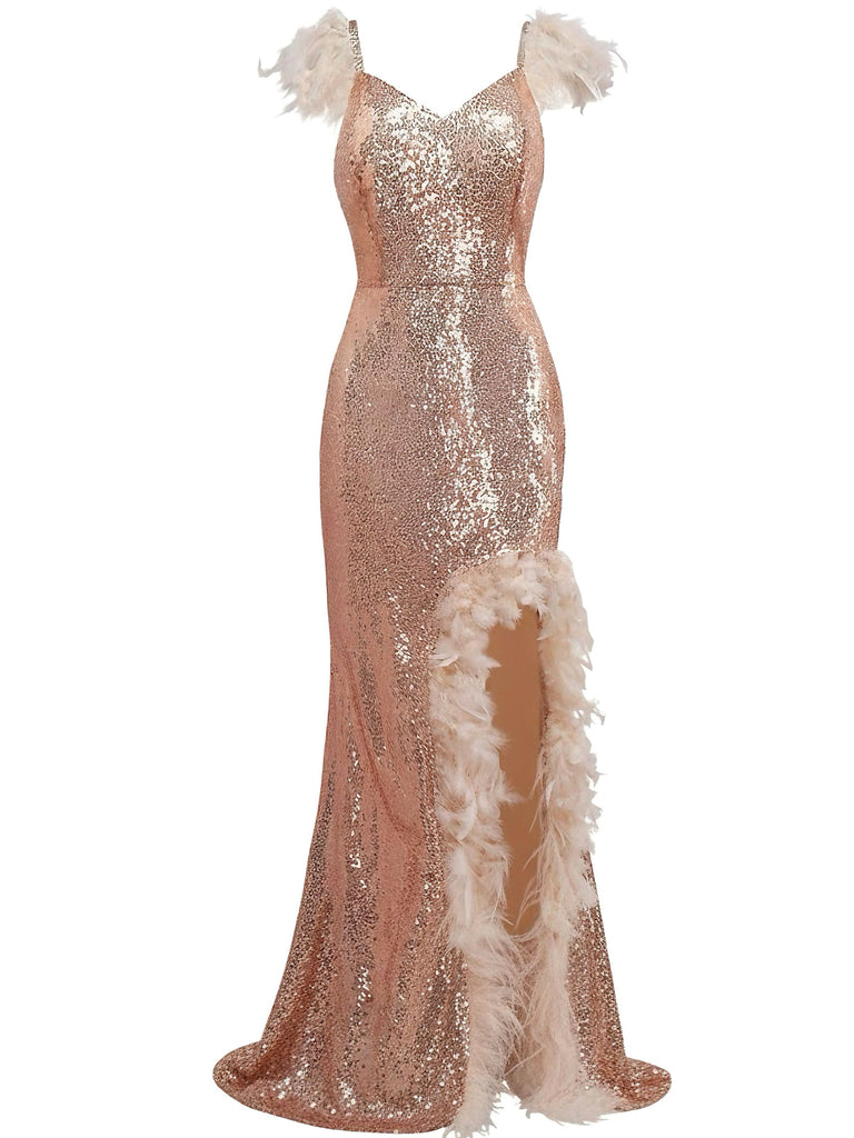 1930s V-Neck Feather Strap High Slit Sequined Dress
