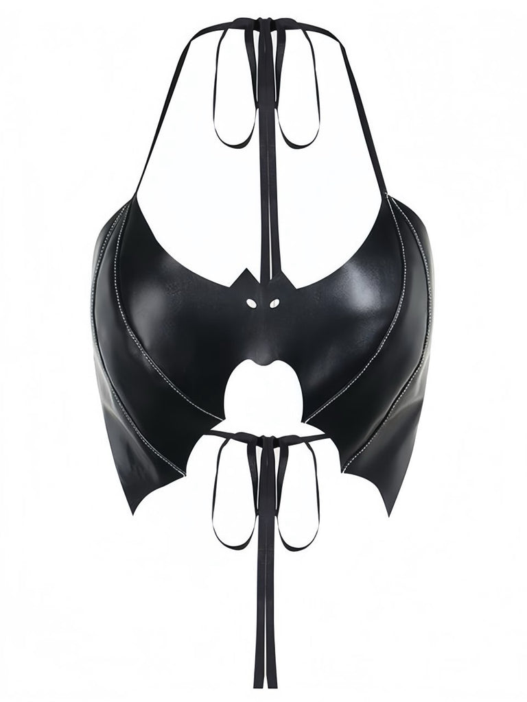Black 1980s Gothic Bat Lace-Up Halter Top