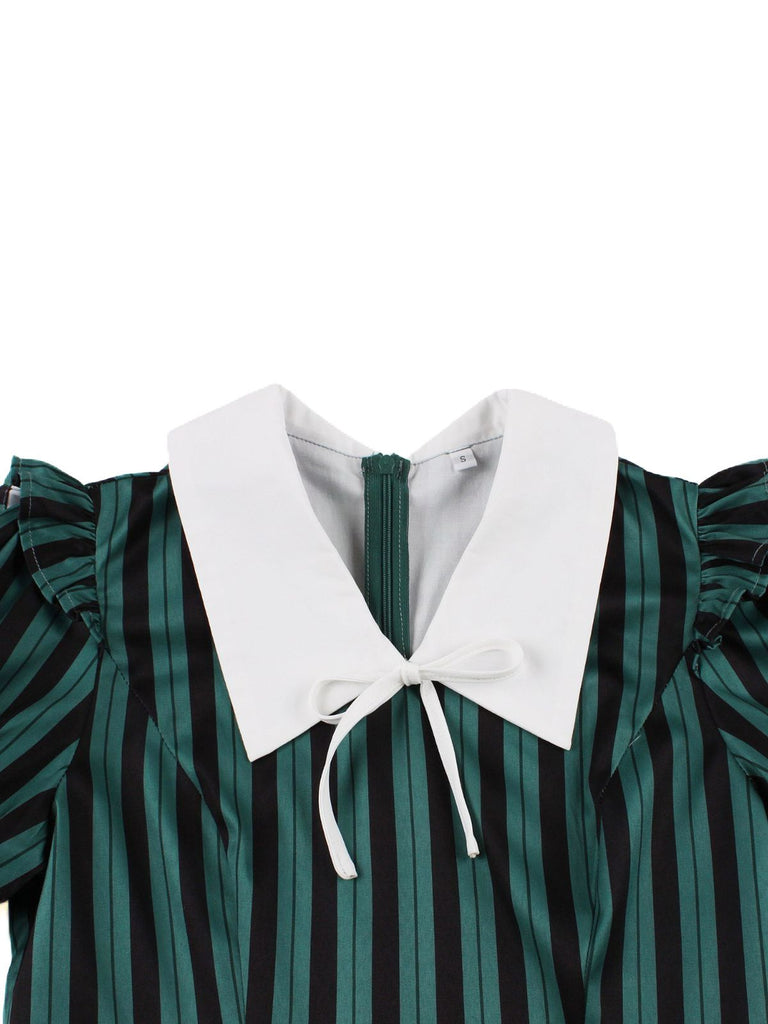 Green 1950s Striped Peter Pan Collar Swing Dress