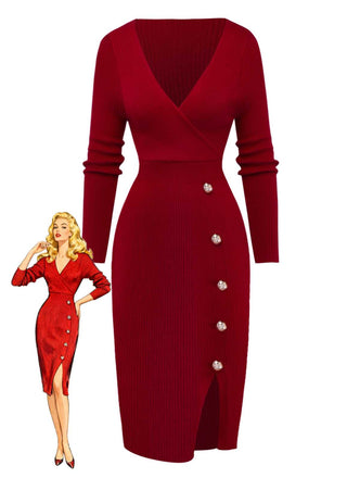 1960s V-Neck Ribbed Knit Button Bodycon Dress