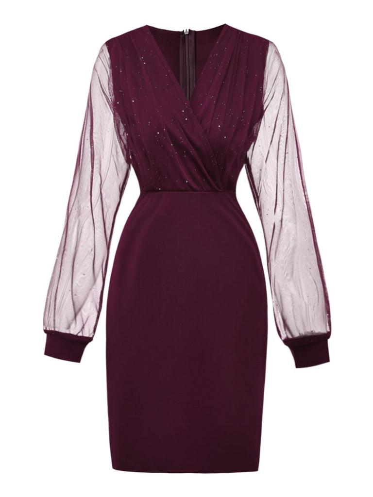 1960s Solid Glitter V-Neck Mesh Bodycon Dress