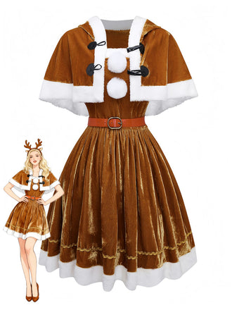 2PCS Brown 1940s Christmas Moose Cape & Velvet Dress