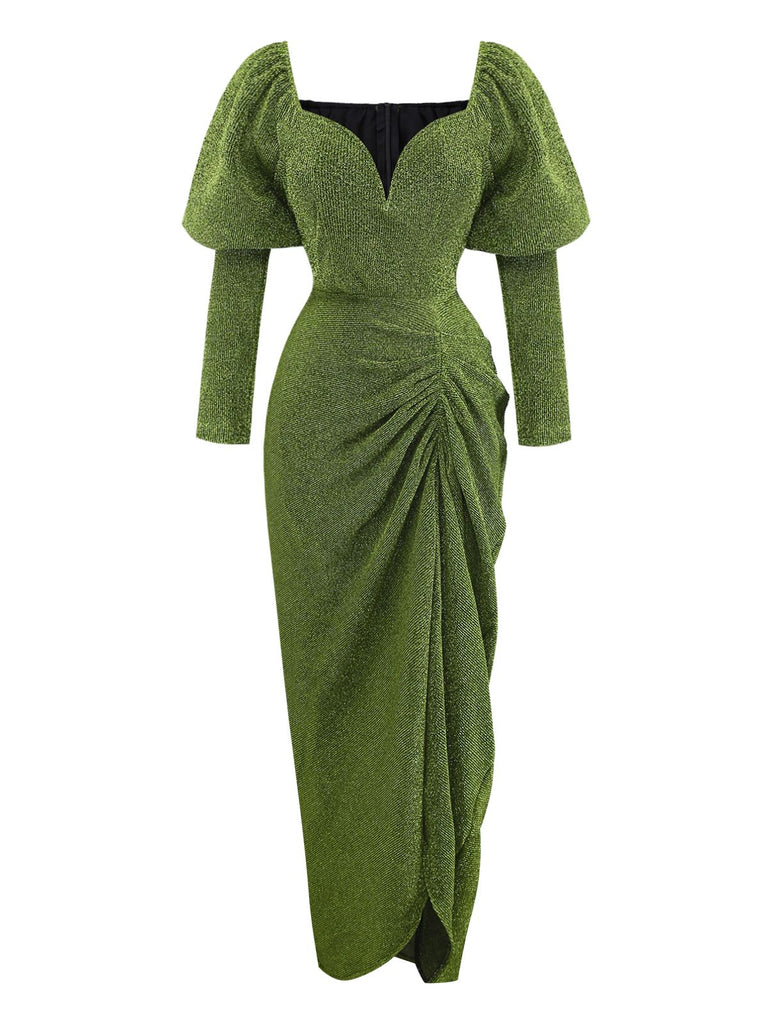 Green 1960s Ruched Puff Sleeve Midi Dress