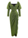 Green 1960s Ruched Puff Sleeve Midi Dress