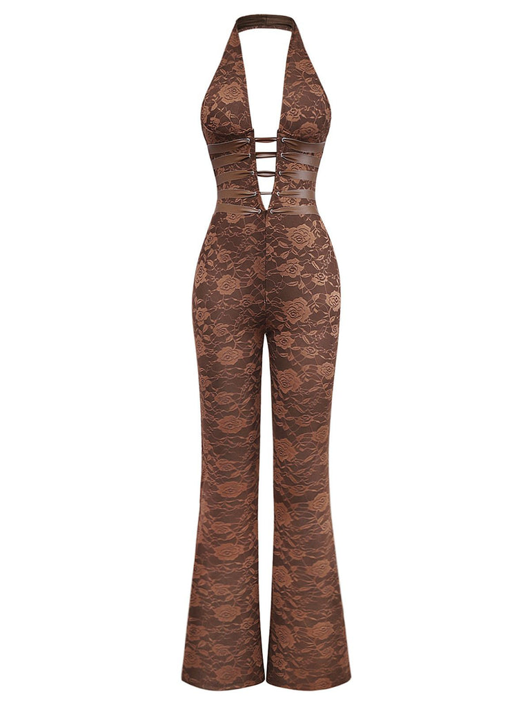 Brown 1970s Solid Lace-Up Floral Lace Jumpsuit