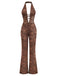 Brown 1970s Solid Lace-Up Floral Lace Jumpsuit