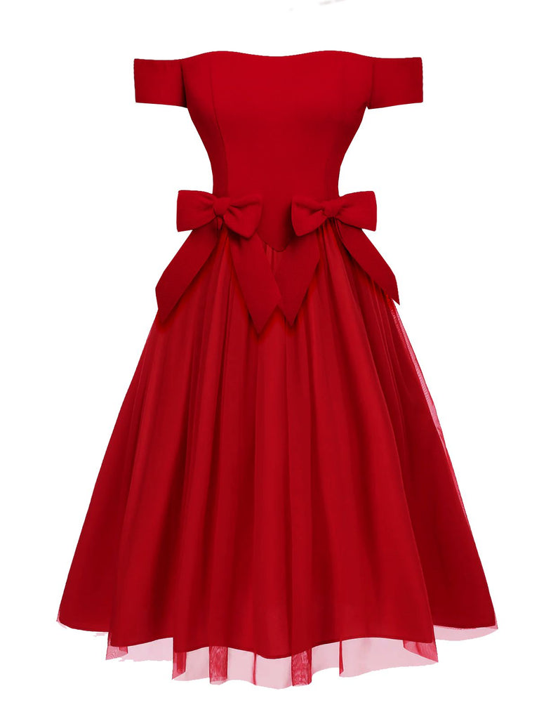[Pre-Sale] Red 1950s Detachable Bow Off-Shoulder Mesh Dress