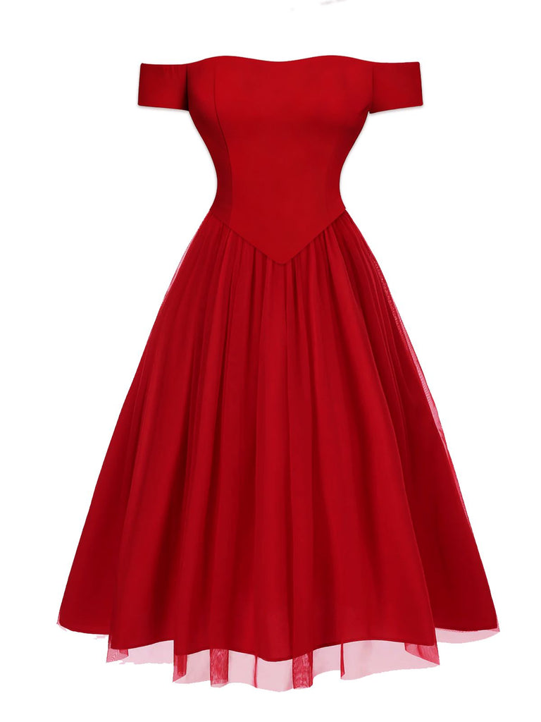[Pre-Sale] Red 1950s Detachable Bow Off-Shoulder Mesh Dress