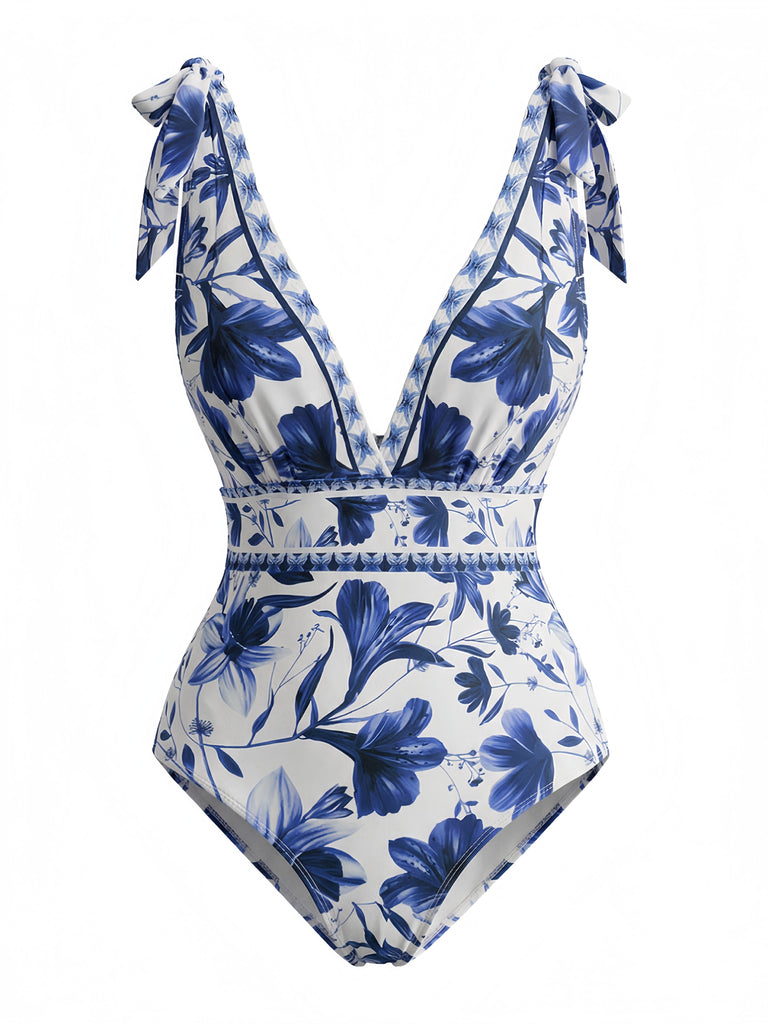 [Pre-Sale] 2PCS Blue 1940s Floral Tie-Shoulder Swimsuit Cover-Up