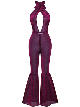 Purple 1970s Sheer Glitter Disco Halter Jumpsuit
