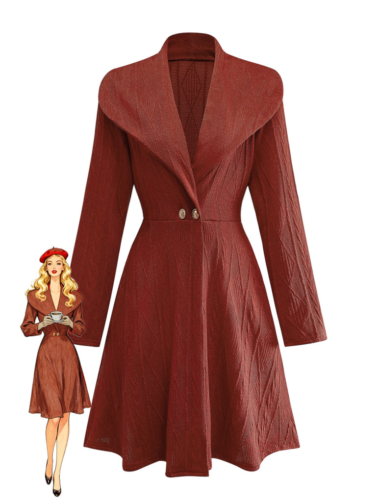 1940s Solid Knitted Big V-Neck Button Dress