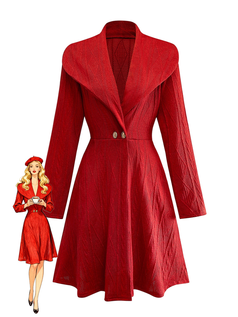 1940s Solid Knitted Big V-Neck Button Dress