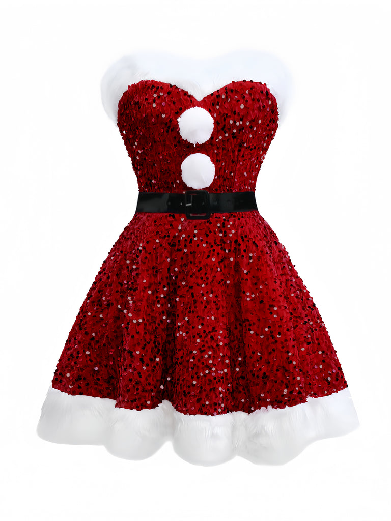 Red 1960s Christmas Fur Sequin Strapless Dress