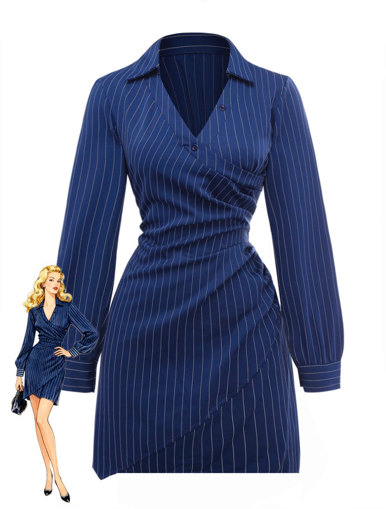 Blue 1960s V-Neck Wrap Striped Shirt Dress