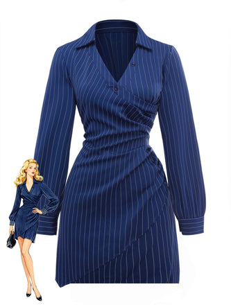 Blue 1960s V-Neck Wrap Striped Shirt Dress