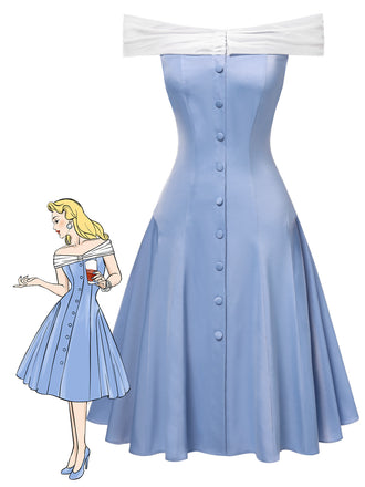Blue 1950s Off-Shoulder Tulle Princess Dress