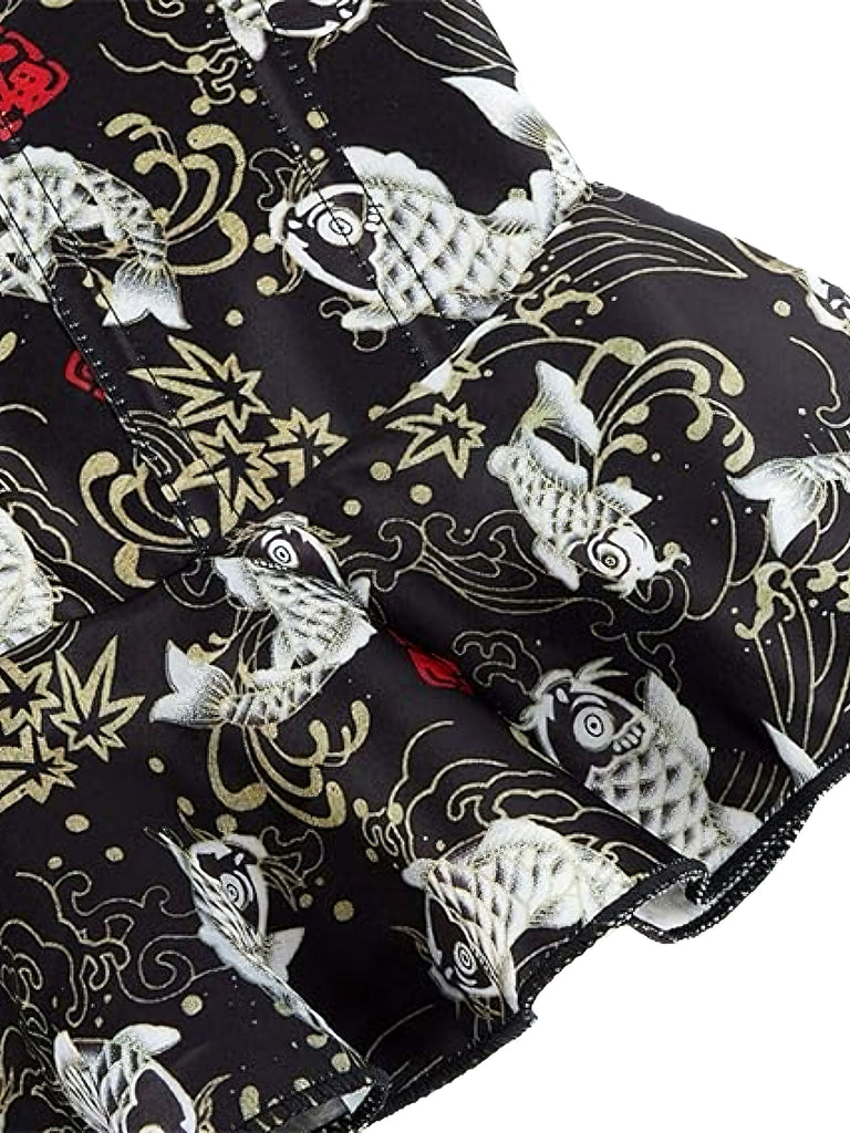 Black 1970s Strapless Koi Fish Print Ruffle Corset