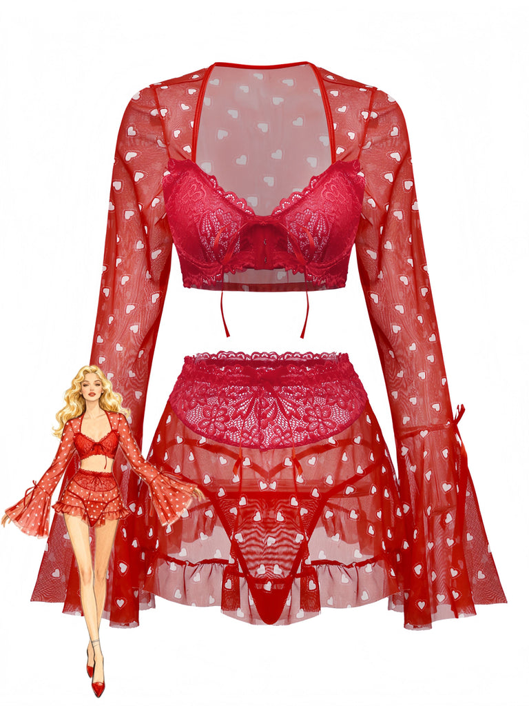 2PCS Red 1960s Heart Bow Ruffled Valentine's Pajamas