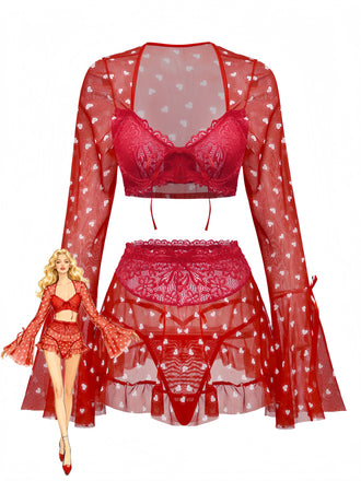 2PCS Red 1960s Heart Bow Ruffled Valentine's Pajamas