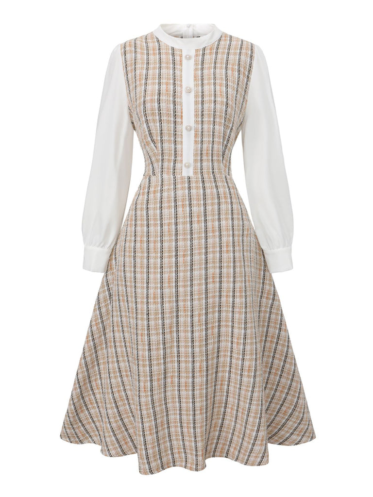 Khaki 1940s Vintage Style Patchwork Long Sleeve Dress