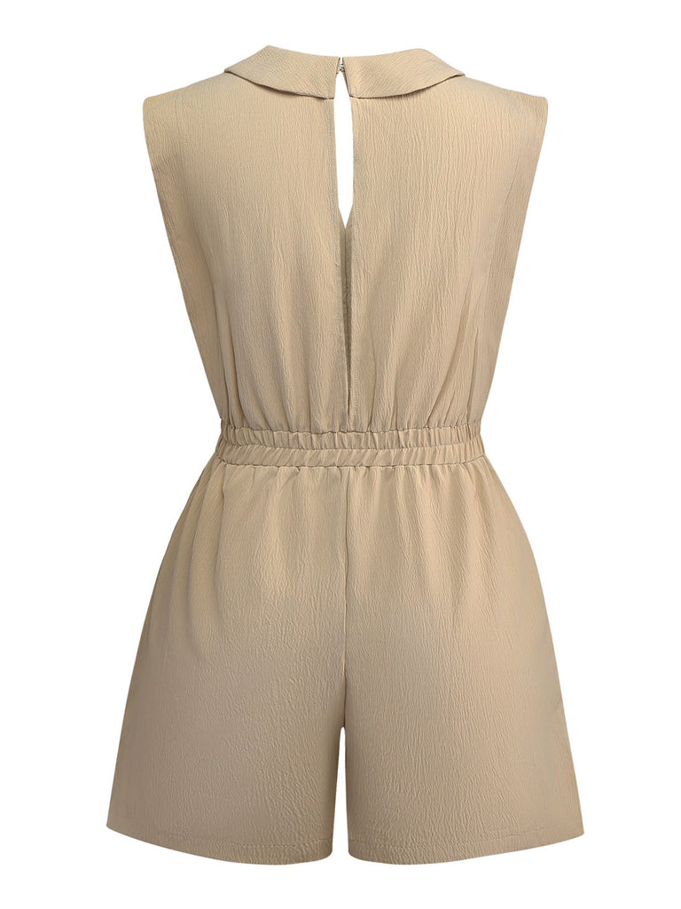 Khaki 1930s V-Neck Pocket Solid Romper