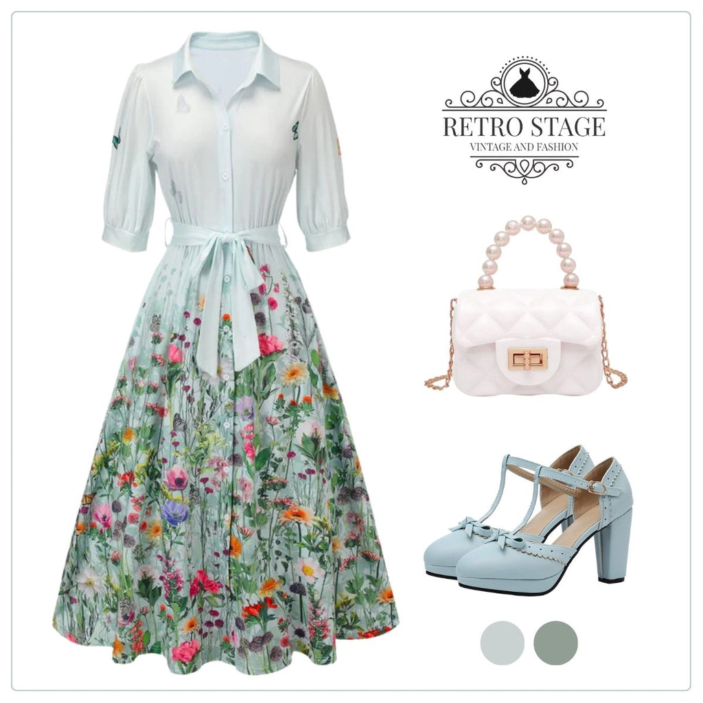 Light Blue 1940s Floral Shirt Neck Belt Dress