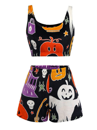 2PCS Black 1970s Glowing Halloween Ghost Flannel Pajama Set