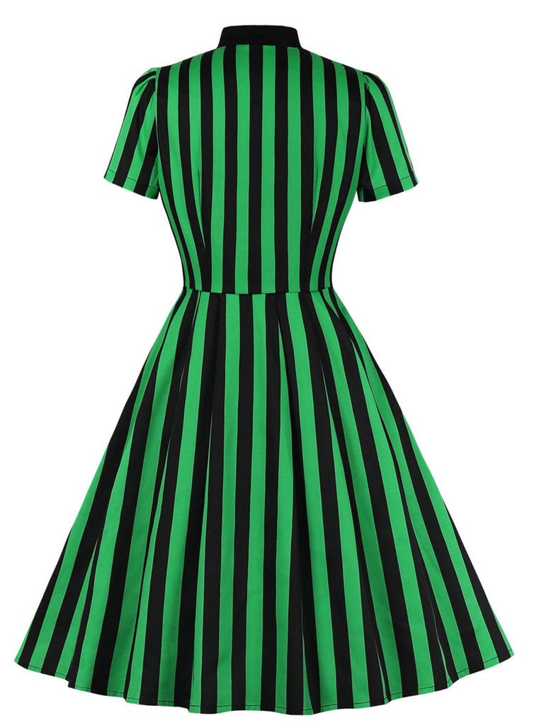 Green 1950s Tie Neck Button Black Stripes Dress