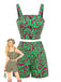 2PCS Green 1970s Button Abstract Print Cropped Top & Shorts