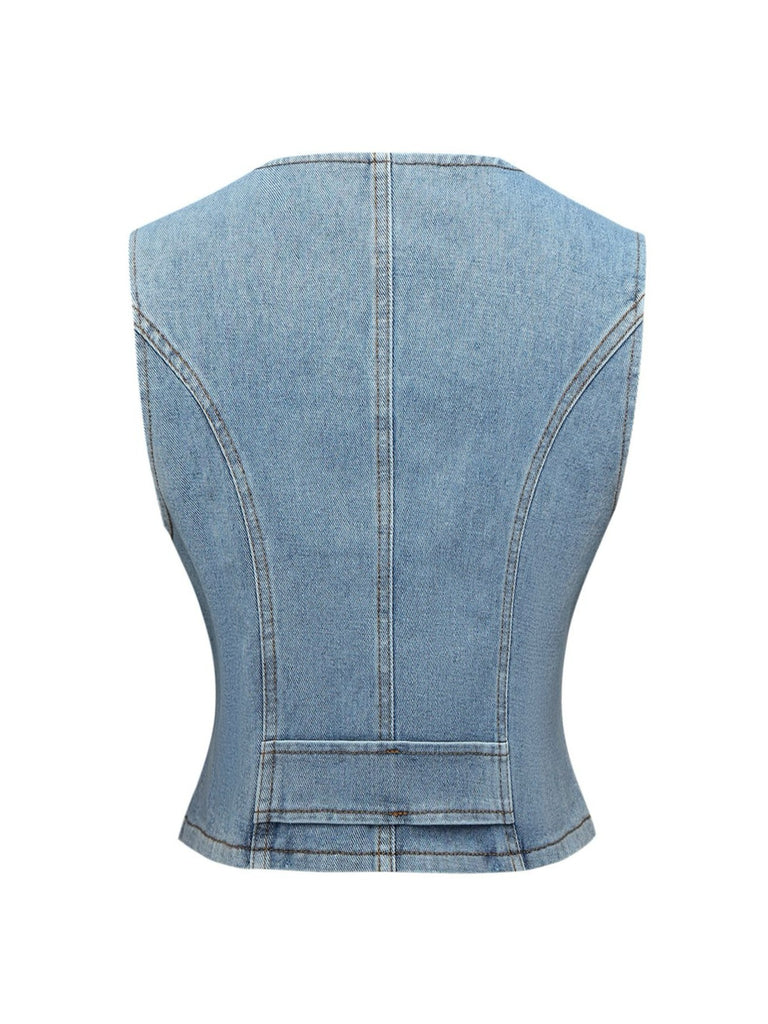 1970s V-Neck Denim Cropped Vest