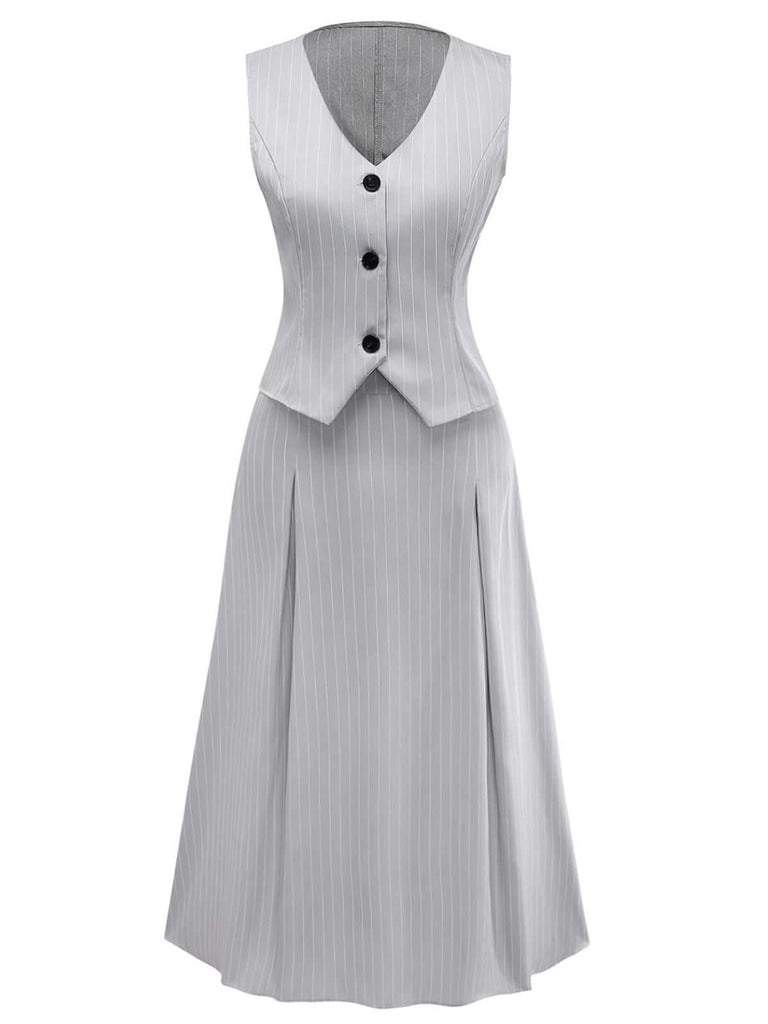2PCS 1940s Stripe Sleeveless Vest & Midi Skirt