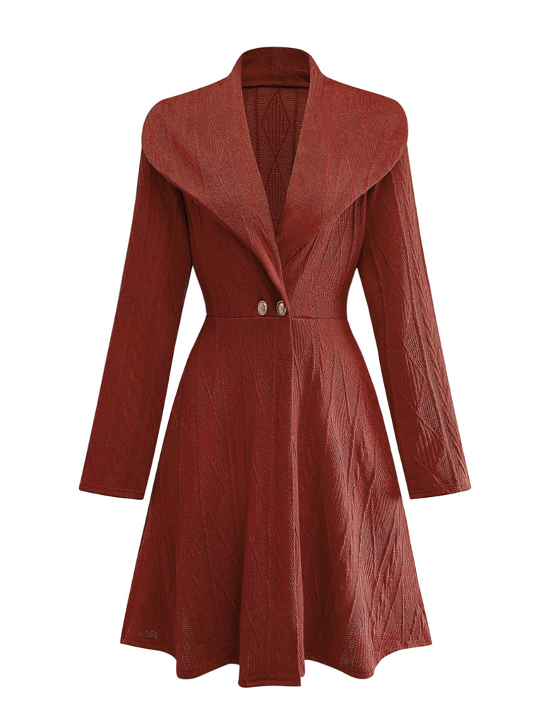 1940s Solid Knitted Big V-Neck Button Dress