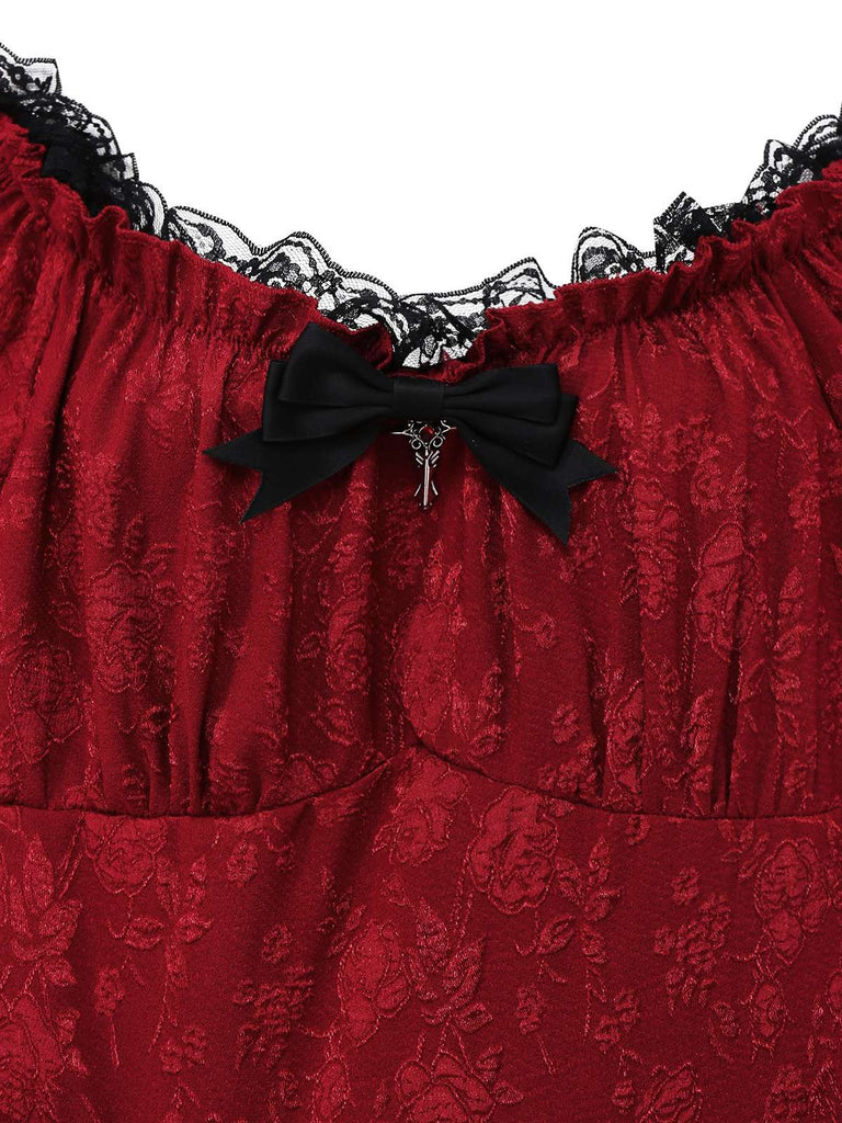 Red 1970s Gothic Lace Bow Off Shoulder Dress