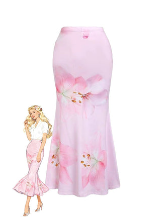 Pink 1980s Floral High-Waist Mermaid Maxi Skirt