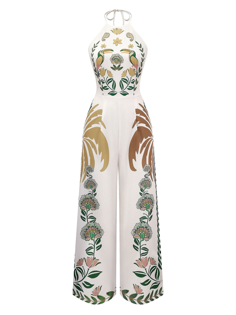 1970s Boho Floral Back Lace-Up Patchwork Jumpsuit