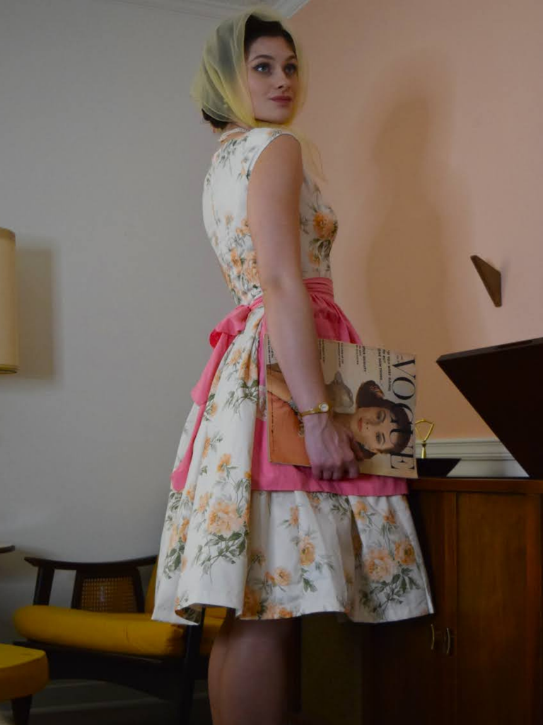 Yellow 1950s Boat Neck Antique Floral Dress