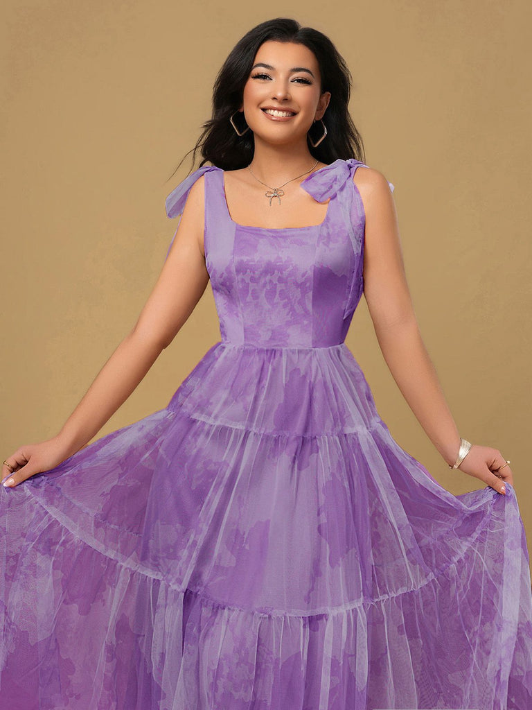 Lavender 1930s Floral Lace-Up Mesh Dress