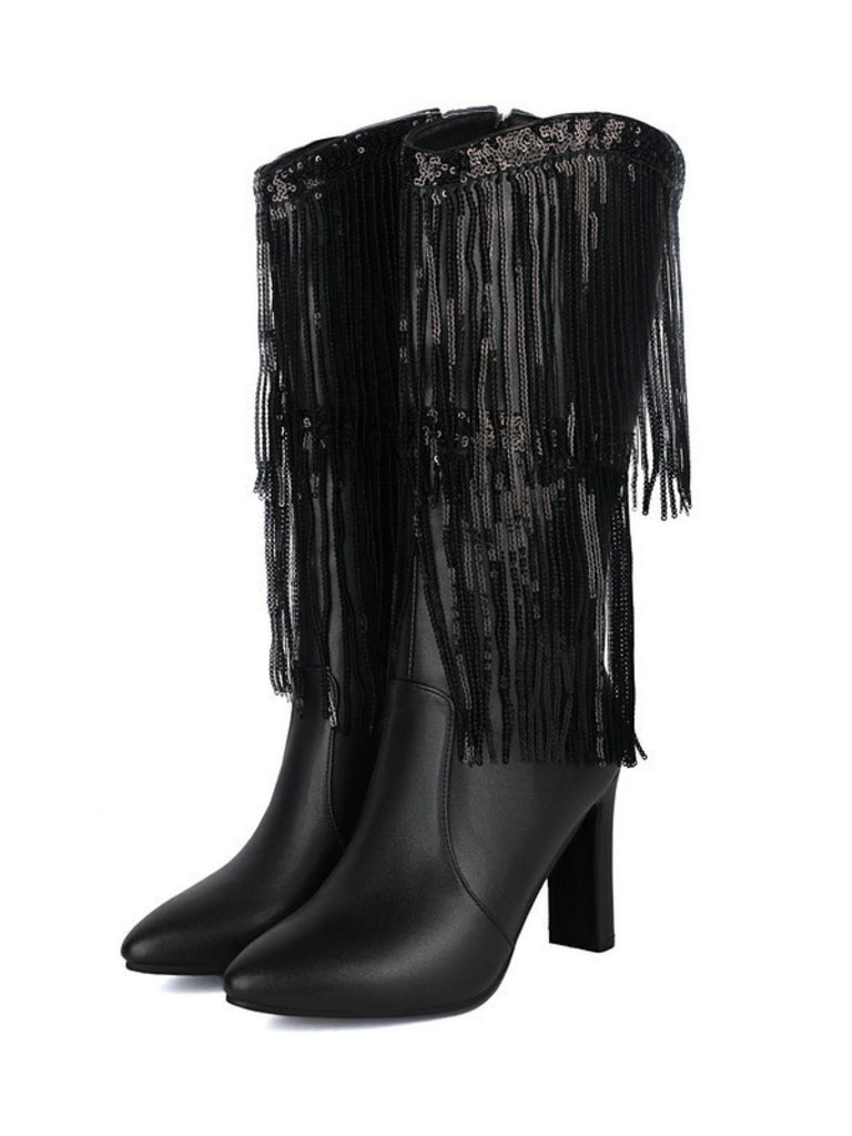 Metallic Pointed-toe Fringe Block-heel High Boots